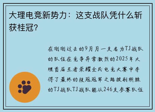 大理电竞新势力：这支战队凭什么斩获桂冠？